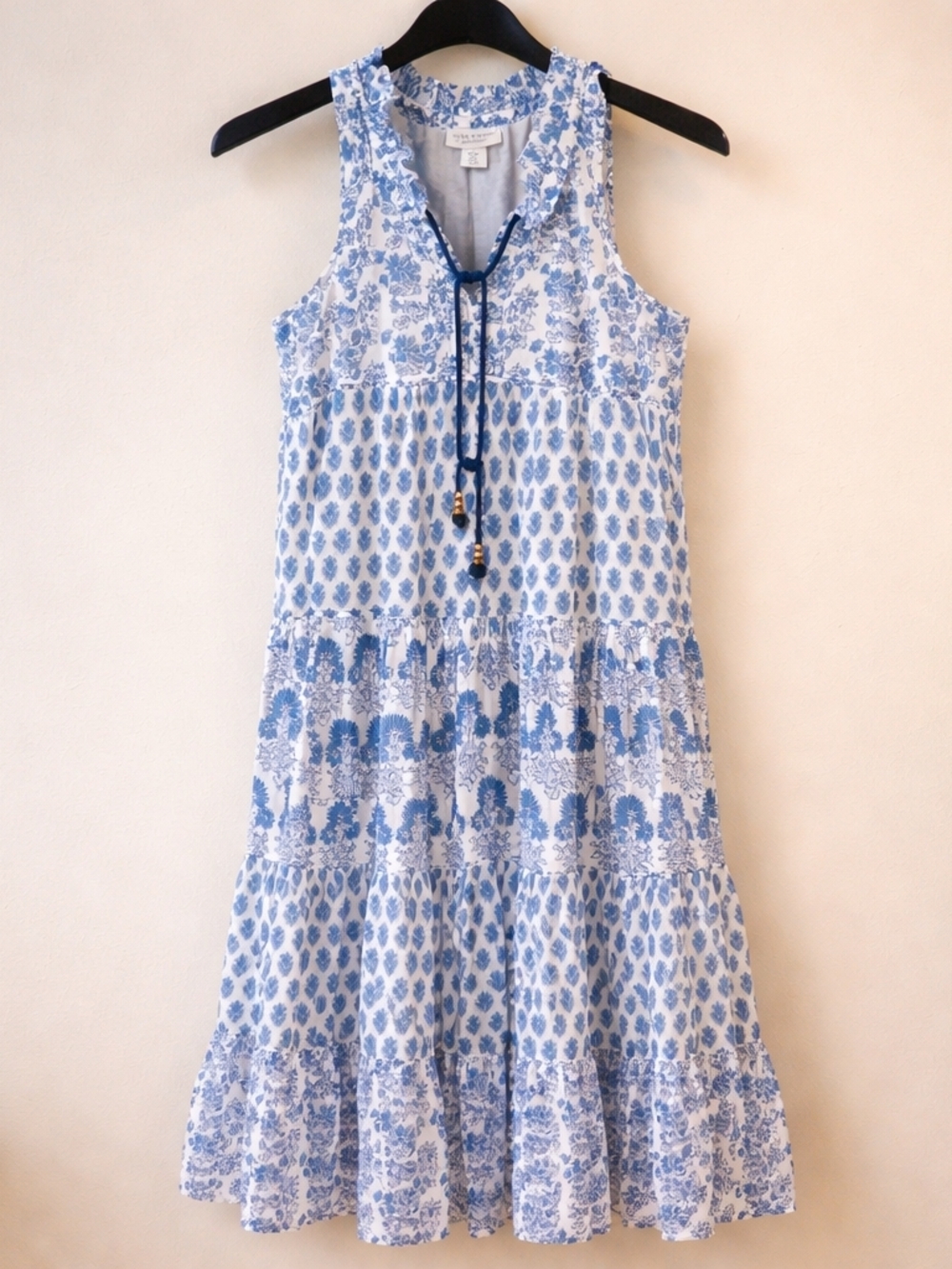 Calypso Blue & White Boho Printed Maxi Dress Sleeveless Tiered Size Small - Picture 12 of 14